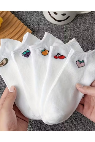 Hitit Socks Kadın 5 Çift Renkli Meyve Desenli Günlük Premium Kalite Bilek... Beyaz