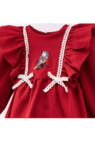 Kuş Nakışlı Kız Bebek Elbise Kırmızı