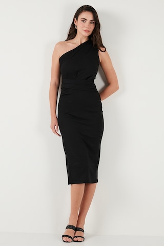 Lela Desenli Slim Fit Midi Boy Tek Omuzlu Bayan Elbise 5866202 Siyah