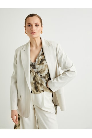 Koton Oversize Blazer Ceket Tek Düğmeli Kapaklı Cepli Bej Çizgili 4sak50088uw Ekru