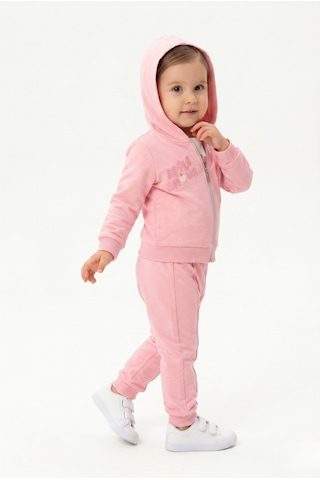 Toontoy Kids Toontoy Kız Çocuk 3'lü Eşofman Takımı Uzun Kollu Bisiklet Yaka Nakışlı T-shirt - Kapüşonlu Fermuarlı Hırka- Beli Paçası Lastikli Eşofman Altı 25040 Pembe