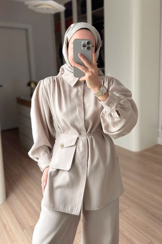 Ka Hijab Balon Kol Mini Çantalı Takım - Bej