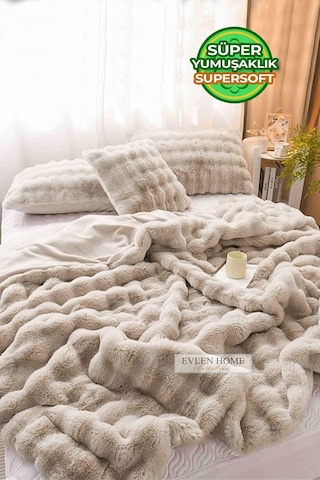 Kürk Yatak Örtüsü Çift Kişilik Dolgulu Peluş Yumuşak Çift Taraflı Yorgan 3 Parça Loria Bej Bej