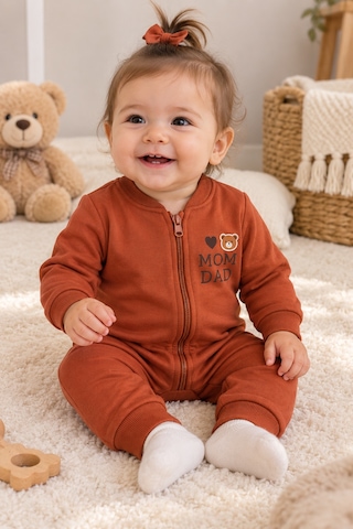 Beniizle Baskılı Unisex 3 İplik Şardonlu Fermuarlı Bebek Tulum Kiremit