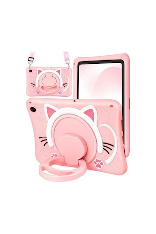 Fastbuy Samsung Galaxy Tab A9 Plus Uyumlu Pembe Silikon Yumuşak Kapak Döner Ayaklı Askılı Tellili Kılıf