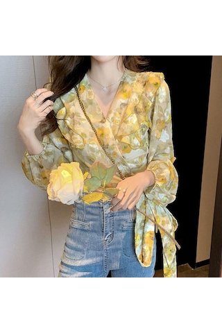 Sarı Çiçek Şifon Bluz Kadın Bahar Elbise Fransız Dantel Up Kısa Fırfır Yumuşak Rüzgar Süper Peri Üst M Sarı