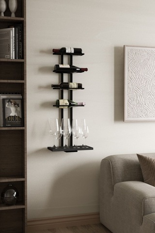 Aju Şaraplık Ve Kadeh Rafı Duvara Monte Şarap Mahzeni Modern Duvar Alkol Rafı Metal Ve Ahşap Tasarım Siyah