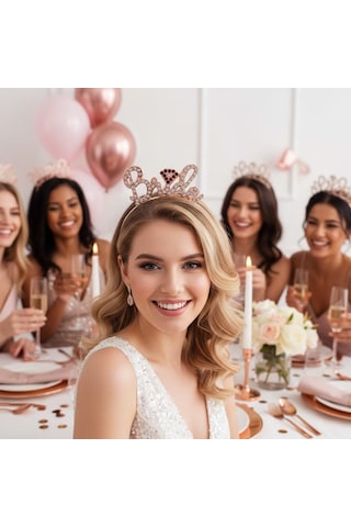 Bride Metal Taşlı Lüks El Yazılı Rosegold Taç Bekarlığa Veda Parti Aksesuarı Diğer