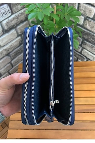 Guard Çift Fermuarlı Lacivert Hakiki Deri El Çantası Erkek / Kadın P3031 Lacivert