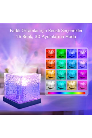 Hymark Kristal Kuzey Işıkları Okyanus Dalgası 16 Renk Projektör Dahili Pil Gece Lambası Kumandalı Dokunmatik Çok Renkli