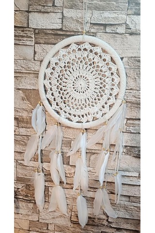 Düş Kapanı Makrome Dreamcatcher Ekru Kuş Tüyü Rüya Kapanı Duvar Süsü Elişi