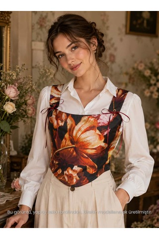 L'aura Corset Lale Desenli Çift Taraflı Bayan Korse Büstiyer Kırmızı