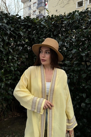 Kadın Sarı Müslin Kumaş, Hasır Şerit Detaylı Salaş Kimono Ceket Sarı