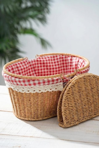 Digithome Kapaklı Rattan Vintage Dantelli Oval Piknik Sepeti -9t13 U/5 Kahverengi