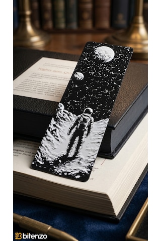 Astronot Ve Gezegen Tasarım Kabartma Dokulu Kitap Ayracı - Uzay Temalı Mat Siyah Kitap Aksesuarı