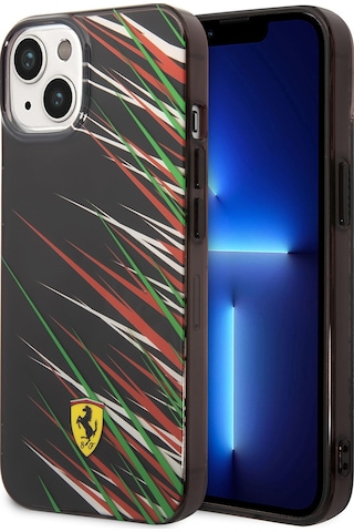 İphone Uyumlu 14 Kılıf Ferrari Lisanslı Baskı Logolu Çimen Desenli Kapak Siyah