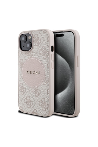 Apple Uyumlu iPhone 15 Kılıf Guess Lisanslı M-safe Şarj Özellikli Yazı Logolu Circle Classic Kapak Pembe