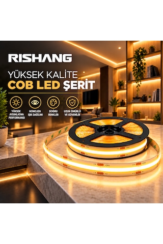 Cob Şerit Led 12v 300 Led/m Crı 90+ Noktasız Günışığı Aydınlatma 3000k 5 Metre