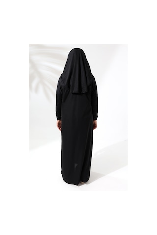 Tek Parça Pratik Başörtülü Çocuk Namaz Elbisesi Siyah Siyah
