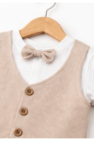 Işıl Baby Papyonlu Yelekli Erkek Bebek Tulum Takım Bej