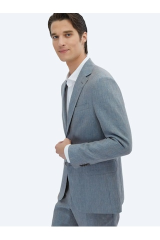 Kip Koyu Mavi Çizgili Modern Fit %100 Keten Takım Elbise Koyu Mavi