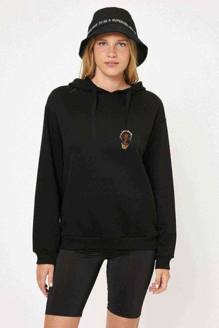 Groot Music Dans Baskılı Siyah Kadın Kapşonlu Sweashirt (534693782)