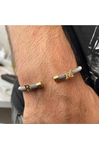 Simurg Jewellery 14 Ayar Altın Harfli Beyaz Çelik Bileklik Sarı - Beyaz