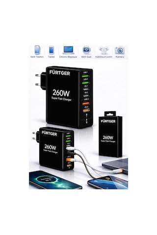 Fürtger German Frt-25w Si 260w 3 Type-c + 3 Usb-a Toplam 6 Çıkışlı Süper Hızlı Şarj Aleti Fürtger German Frt-25w Si 260w 3 Type-c + 3 Usb-a Toplam 6 Çıkışlı Süper Hızlı Şarj Aleti