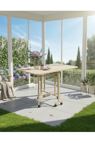 Almira 70x110 Traverten Desen Açılabilir Katlanabilir Tekerlekli Masa Traverten