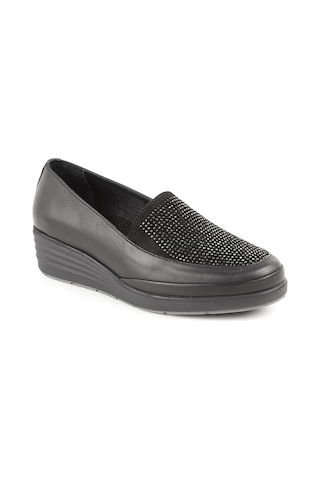 Mamma Mia Kadın Günlük Ayakkabı Slip-on Taşlı Kalın Taban Hakiki Deri Anne Ayakkabısı 26y-7670 Siyah