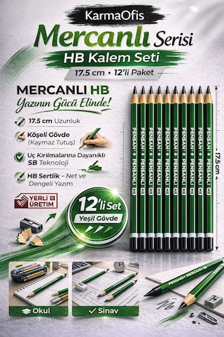 Mercanlı Hb Kurşun Kalem Yeşil Tek Renk 12 Adet, Köşeli Gövde, 17.5 Cm Yeşil 12li