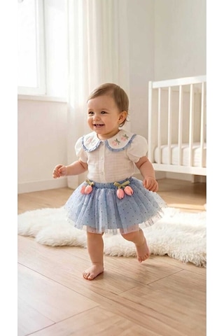 Ministok Eliza Yakası Nakışlı Şortlu Tütü Etekli Kız Bebek Takım Mavi