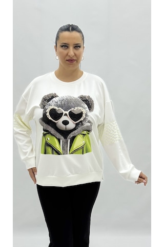 Büyük Beden Ayıcık Grafikli Taşlı İnci Detaylı Uzun Kollu Oversize Kadın Sweat Beyaz
