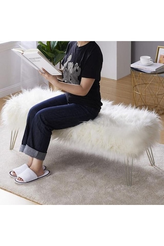 Şila Bench Beyaz Peluş - Silver Ayaklı 90 Cm