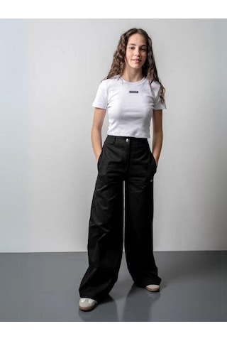 Zekids Kız Çocuk Fitilli Metal Yazılı Yarım Kollu Kaşkorse Crop-15804 Beyaz