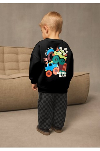 Erkek Çocuk Siyah Renk Araba Baskılı Sırt Detaylı Sweatshirt Kareli Jogger Eşofman Alt Üst Takım Siyah