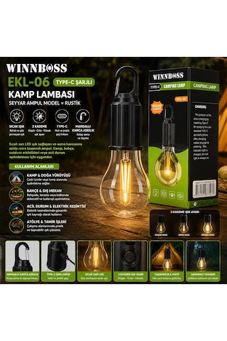 Usb Şarjlı Seyyar Ampul Model Rustik Kamp Lambası Mandallı Kanca Askılık 3-kademe Işık Ekl-06 G-912 Bx40