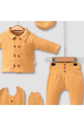 3 Ay Bebek Hastane Çıkışı Cepli Waffle 5'li Erkek Hardal Hardal