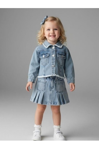 Zekids Kız Bebek Taşlı Denim Ceket-16880 Mavi