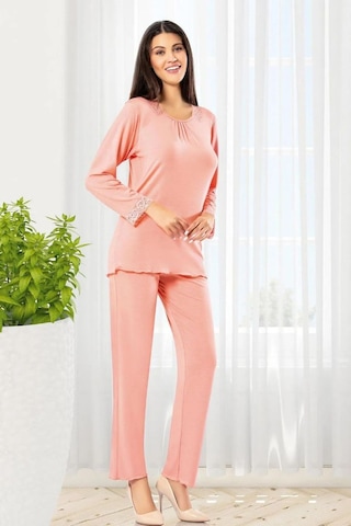 Faal 8607 Kadın Uzun Kollu Dantel Detaylı Pijama Takımı-somon SOMON