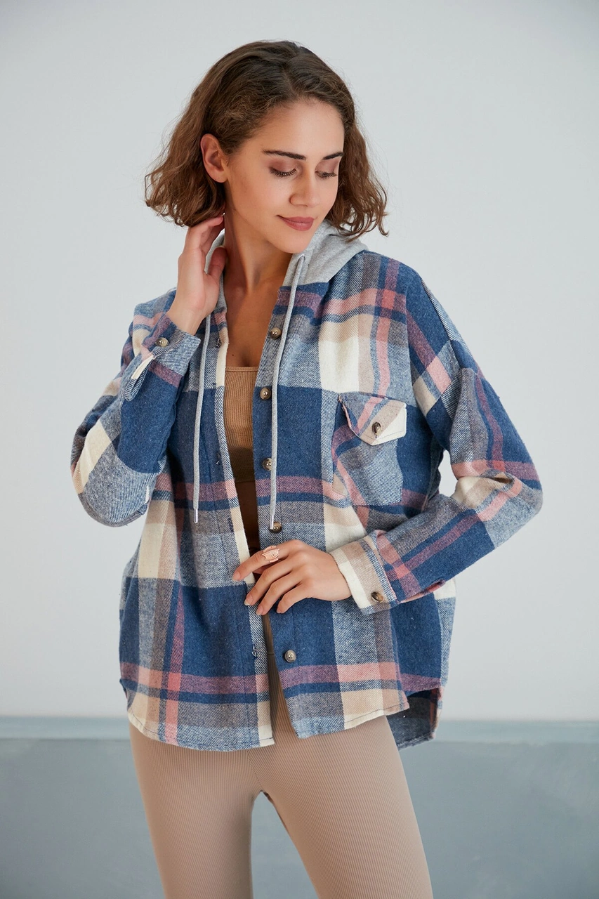 Pikka Online Kadın Çok Renkli Soft Mavi Oduncu Oversize Ceket Gömlek Kahverengi - Mavi