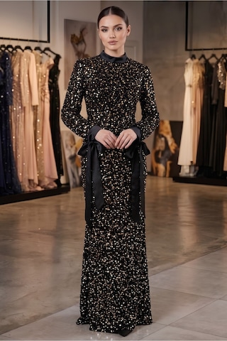 Dorne Moda Payetli Kemer Detaylı Uzun Kollu Balık Model Abiye Elbise Gümüş Gümüş