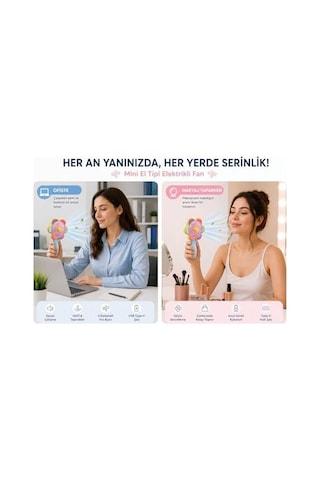 Mini El Fanı Usb Şarjlı Type-c Bağlantılı 3 Kademeli Taşınabilir Elektrikli Fan Masaüstü Ve El Tipi Kullanım Renk Serinletici Fan Mavi Pembe Sarı Papatya . 14796327