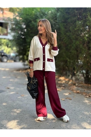 Martcini Kadın Uzun Kollu Ribanali Cep Detay Hırka Ve Bol Paça Pantolon Ikili Takım Bordo