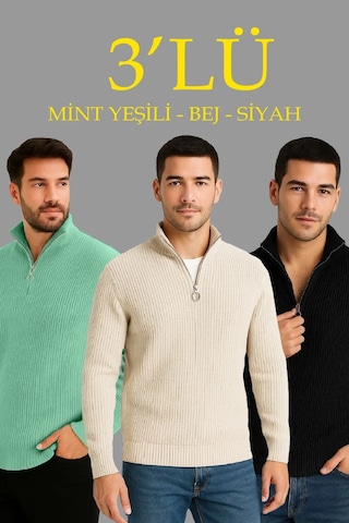Tarzyeri Erkek Fitilli Triko Kazak 3 Lü Set Mint Yeşili Siyah Bej Kalın Dokuma Pamuklu Regular Fit Yeşil
