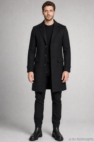 Freemen Erkek Slim Fit Klasik Yaka 3 Düğmeli Uzun Kaşe Kaban-425 Siyah