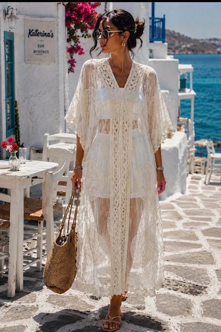 Asprinfashion Kadın İthal Dantel Pareo Kimono Plaj Elbisesi Ekru Bohem Yazlık Kaftan