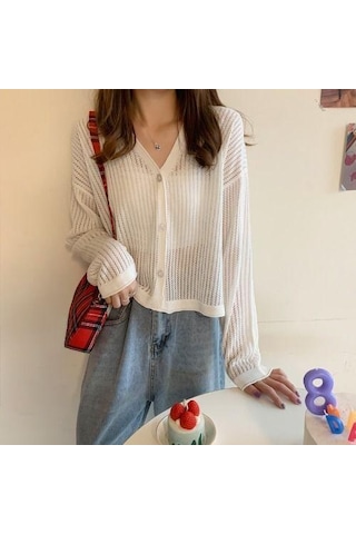 Beyaz Kadın İlkbahar Ve Yaz V Yaka Delikli Uzun Kollu Klimalı Gömlek İçin İnce Örgü Güneş Koruyucu Hırka Ceket Beyaz