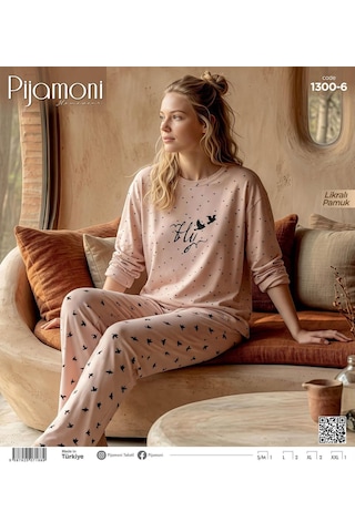 Pijamoni Kadın Likralı Pamuklu Bisiklet Yaka Uzun Kol İnce Pijama Takımı 1300/6 - 1 Adet Pudra