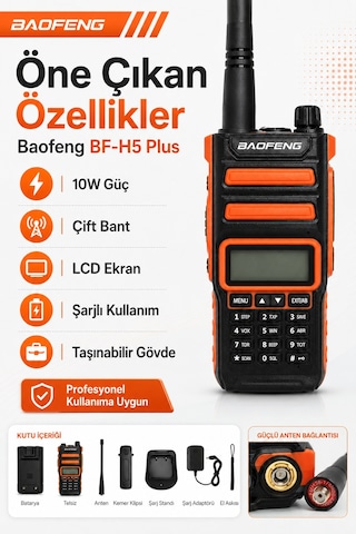 Bf-h5 Plus 10w Çift Bant Şarjlı El Telsizi Lcd Ekranlı Taşınabilir Profesyonel Telsiz